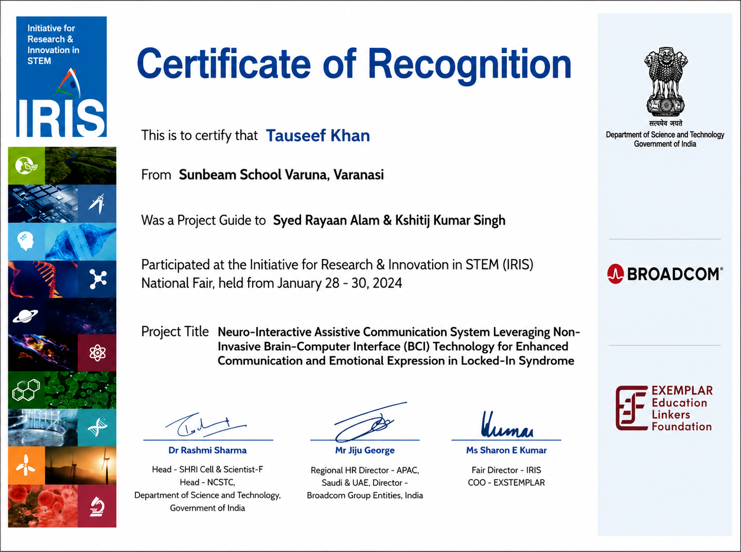 IRIS National Science Fair Certificate