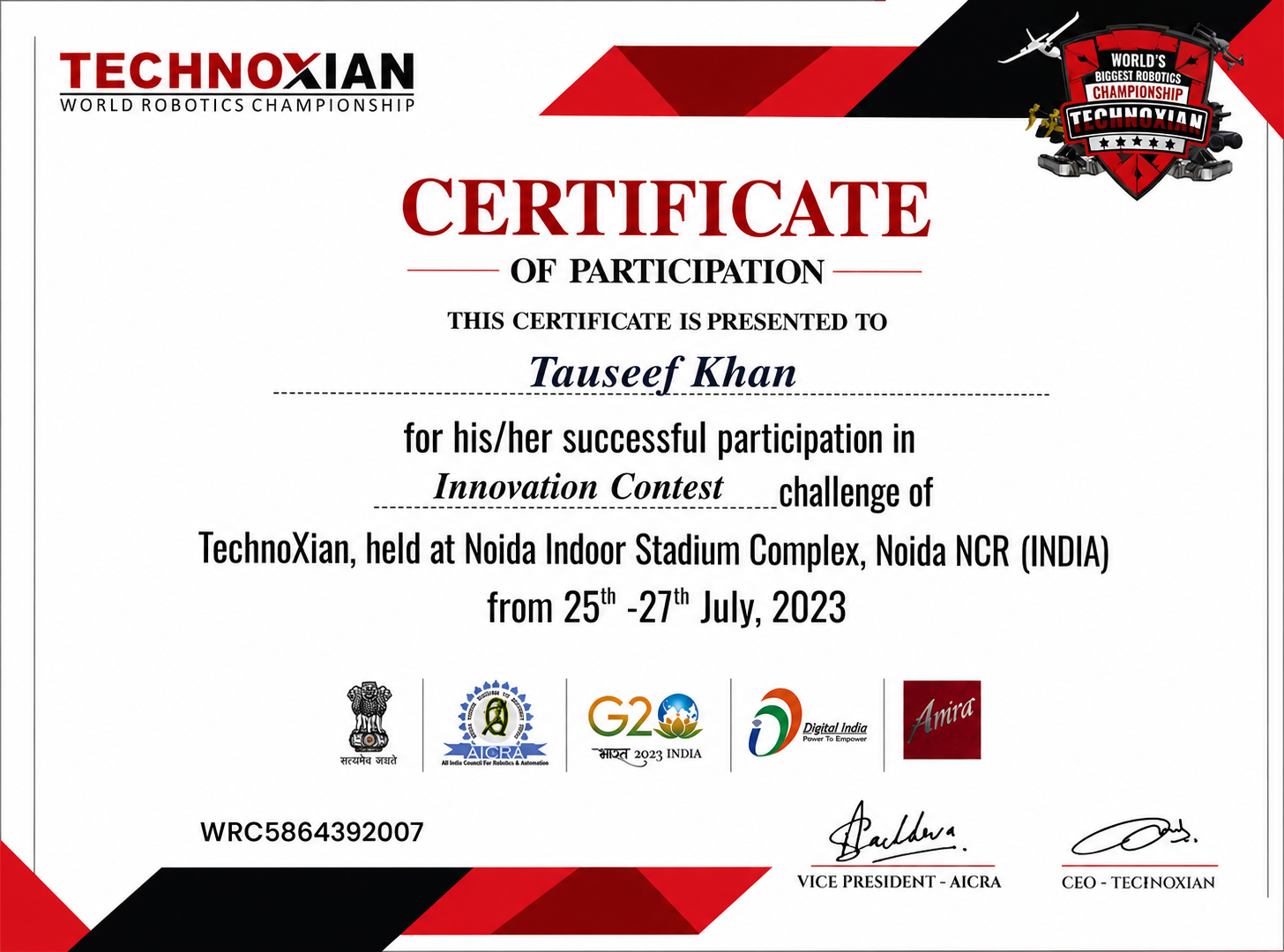 Technoxian World Robotics League Certificate